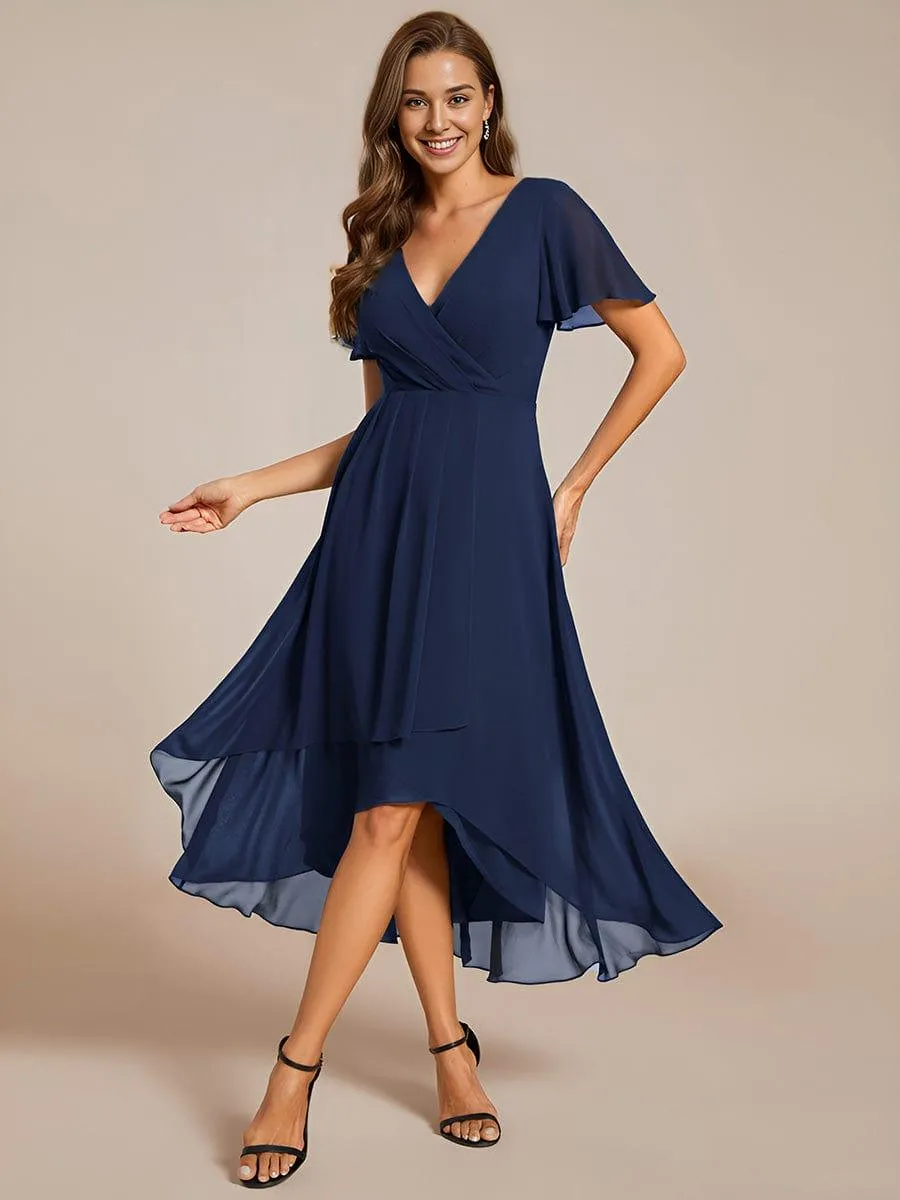 Lana | Pleated Chiffon Ruffles Sleeve Midi Evening Dress