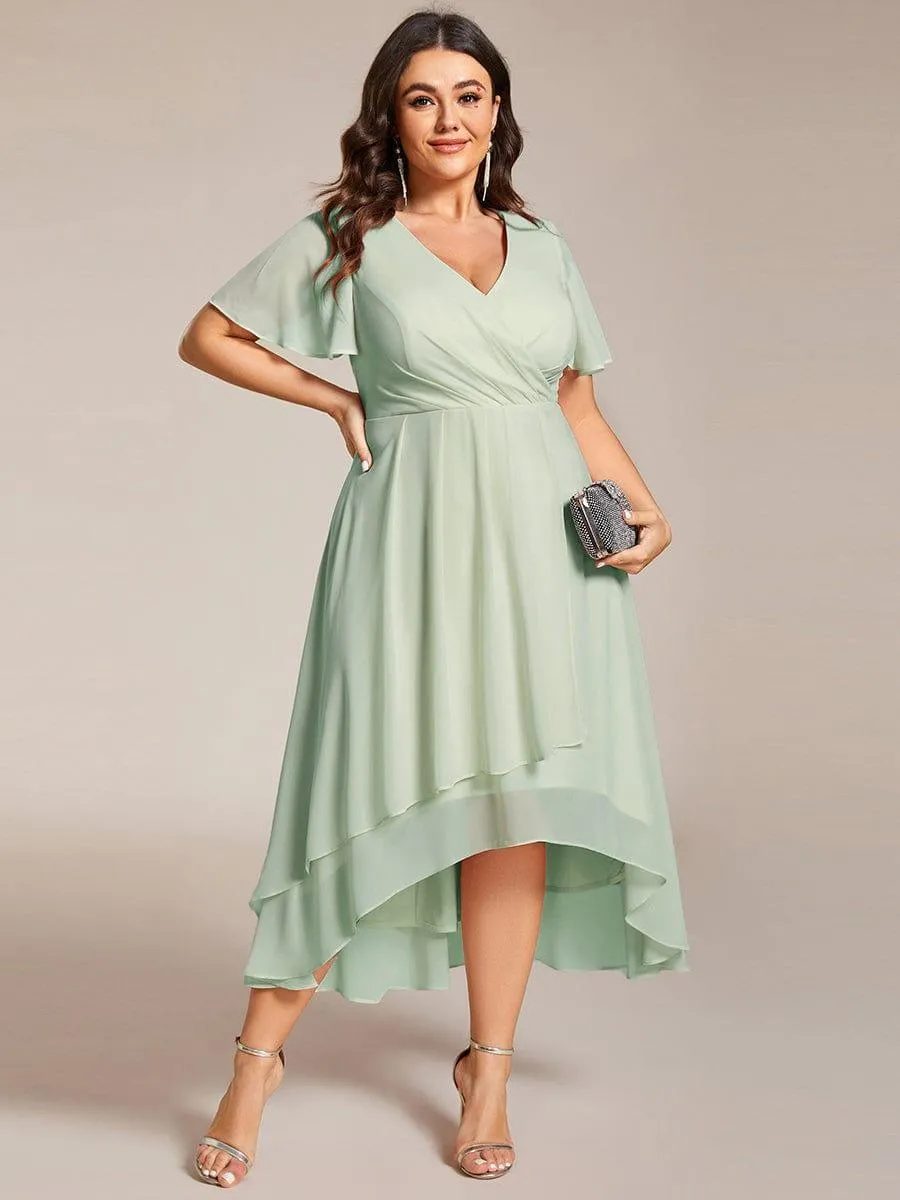 Lana | Pleated Chiffon Ruffles Sleeve Midi Evening Dress