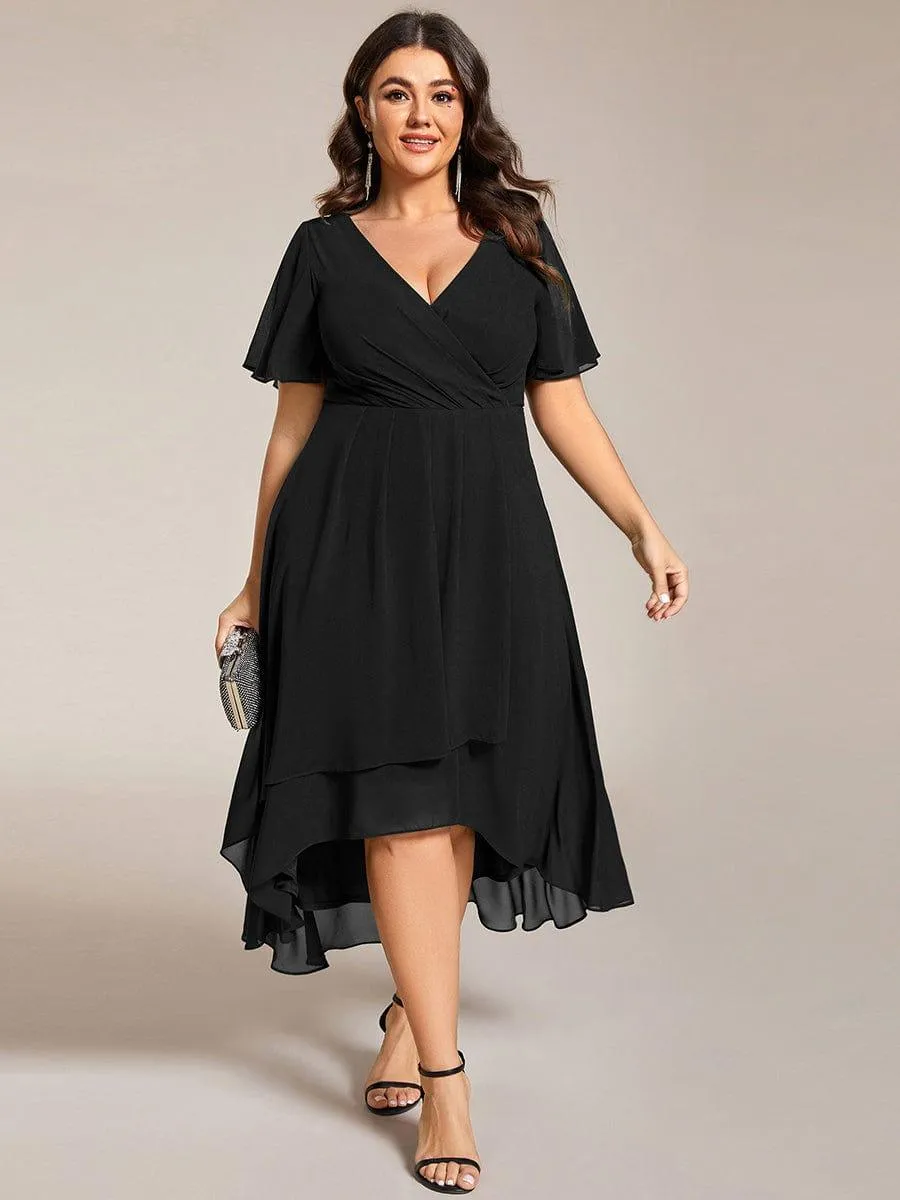 Lana | Pleated Chiffon Ruffles Sleeve Midi Evening Dress