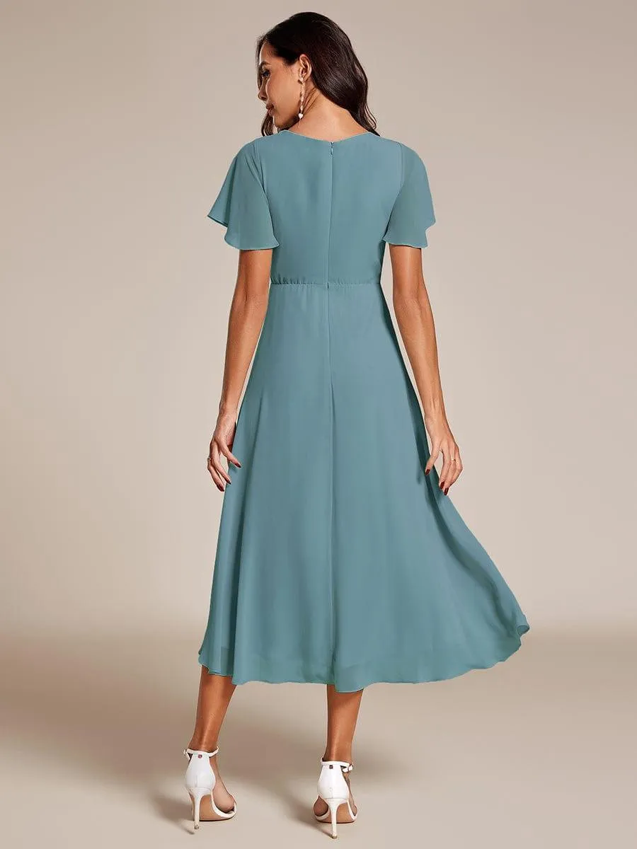 Lana | Pleated Chiffon Ruffles Sleeve Midi Evening Dress