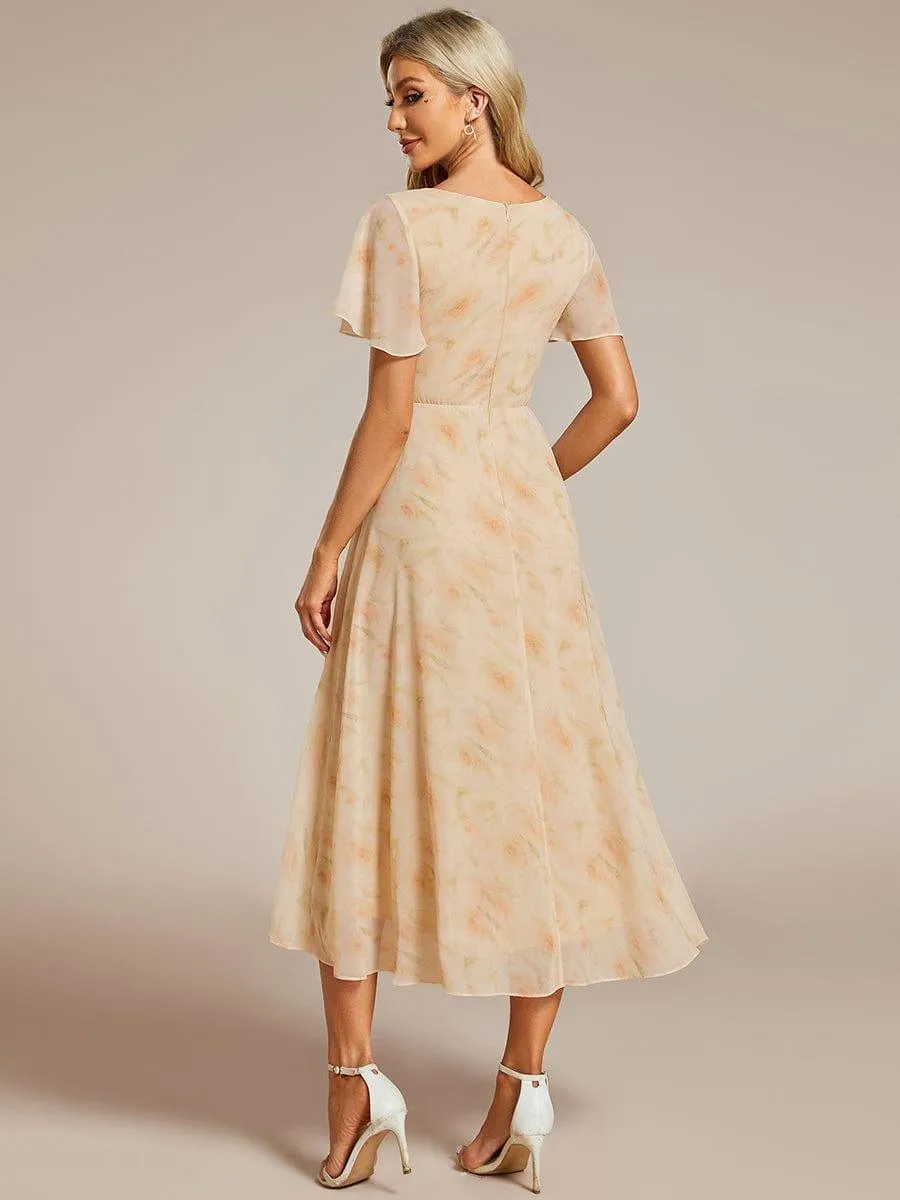 Lana | Pleated Chiffon Ruffles Sleeve Midi Evening Dress