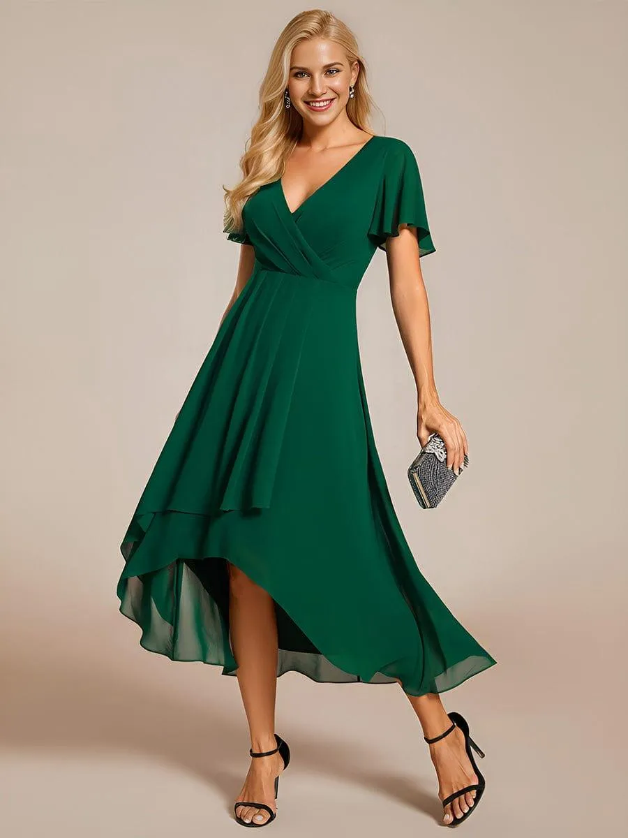 Lana | Pleated Chiffon Ruffles Sleeve Midi Evening Dress