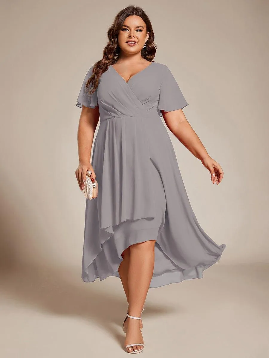 Lana | Pleated Chiffon Ruffles Sleeve Midi Evening Dress