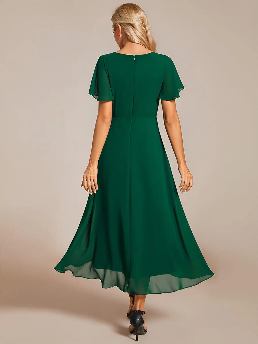 Lana | Pleated Chiffon Ruffles Sleeve Midi Evening Dress
