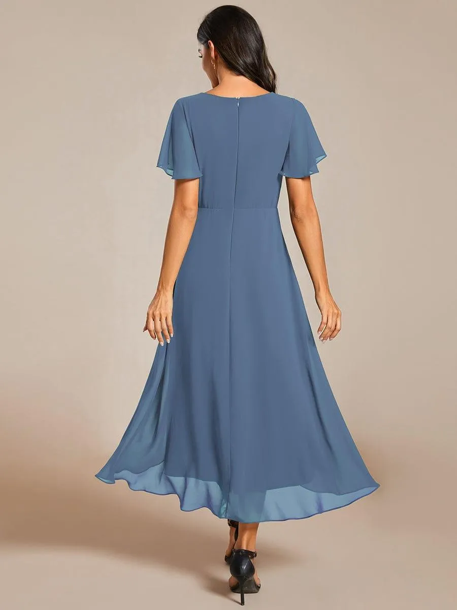 Lana | Pleated Chiffon Ruffles Sleeve Midi Evening Dress