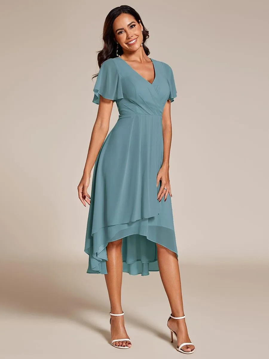 Lana | Pleated Chiffon Ruffles Sleeve Midi Evening Dress