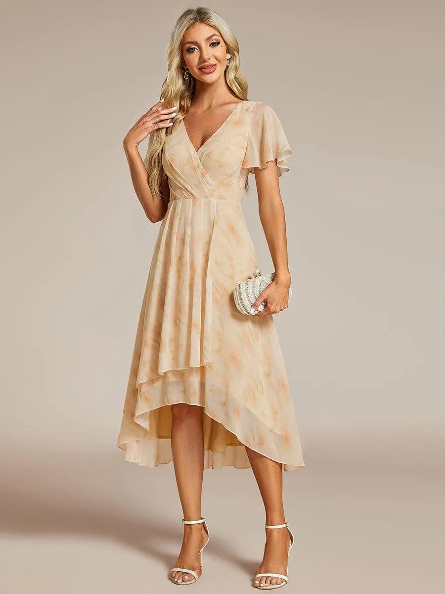 Lana | Pleated Chiffon Ruffles Sleeve Midi Evening Dress