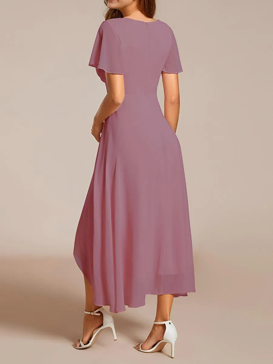 Lana | Pleated Chiffon Ruffles Sleeve Midi Evening Dress