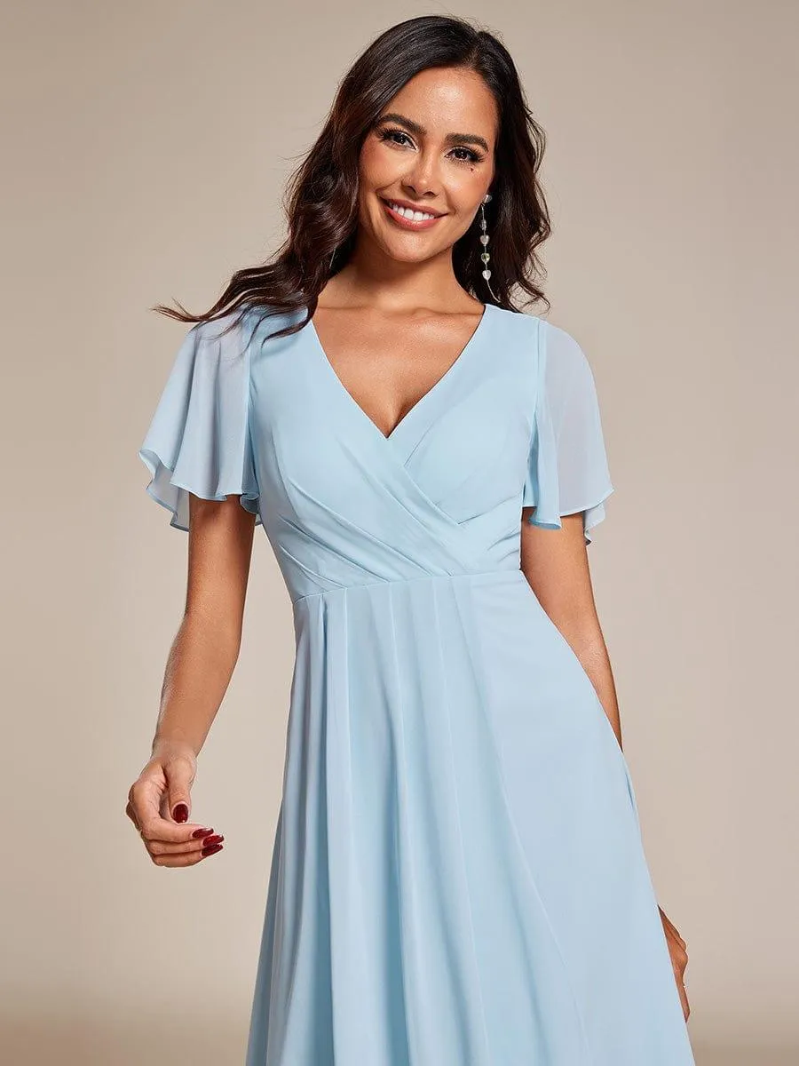 Lana | Pleated Chiffon Ruffles Sleeve Midi Evening Dress