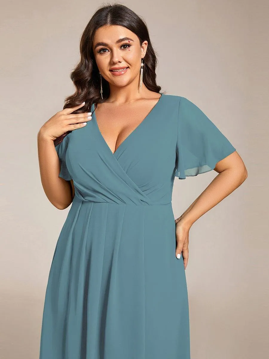 Lana | Pleated Chiffon Ruffles Sleeve Midi Evening Dress