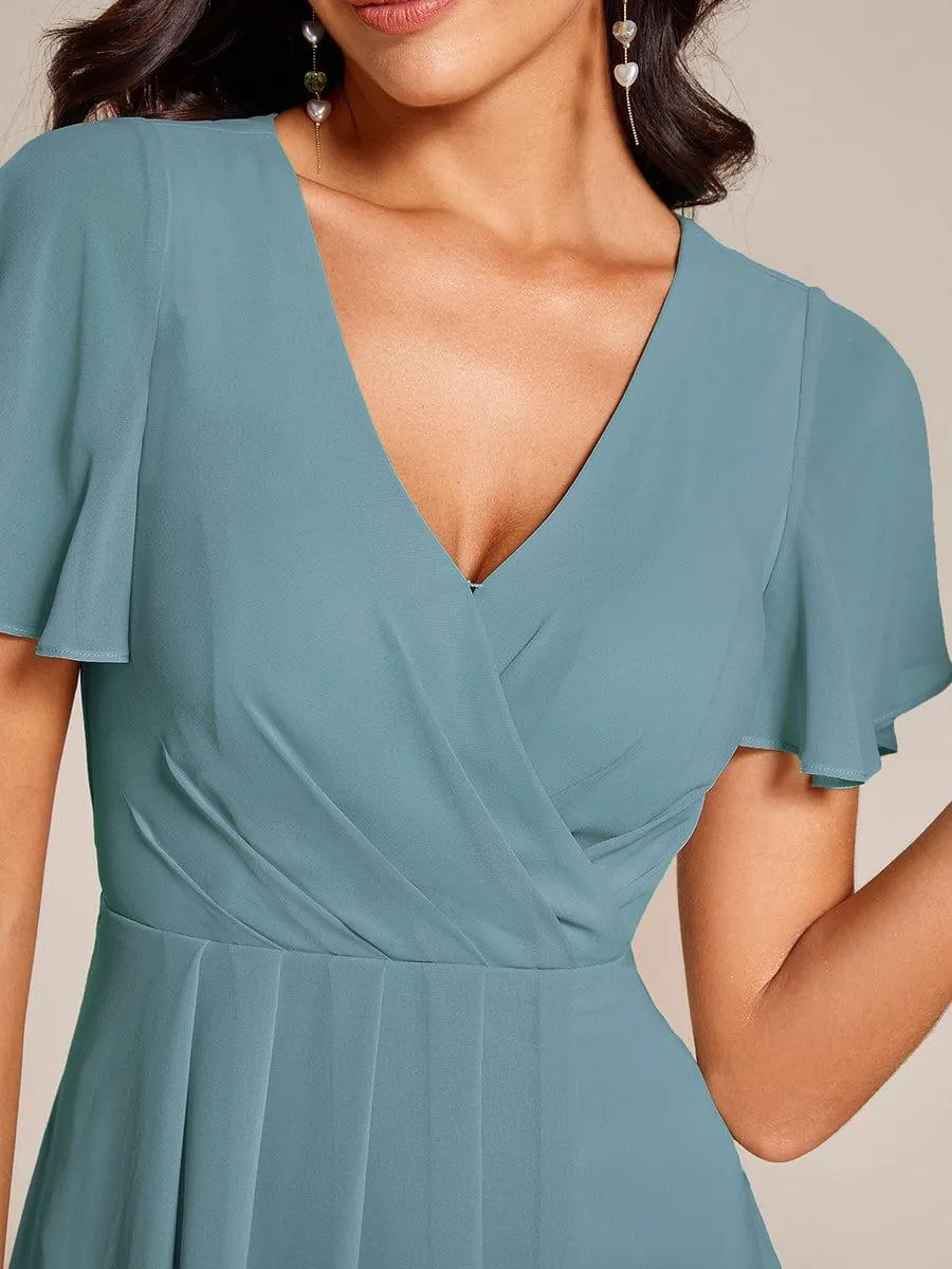 Lana | Pleated Chiffon Ruffles Sleeve Midi Evening Dress