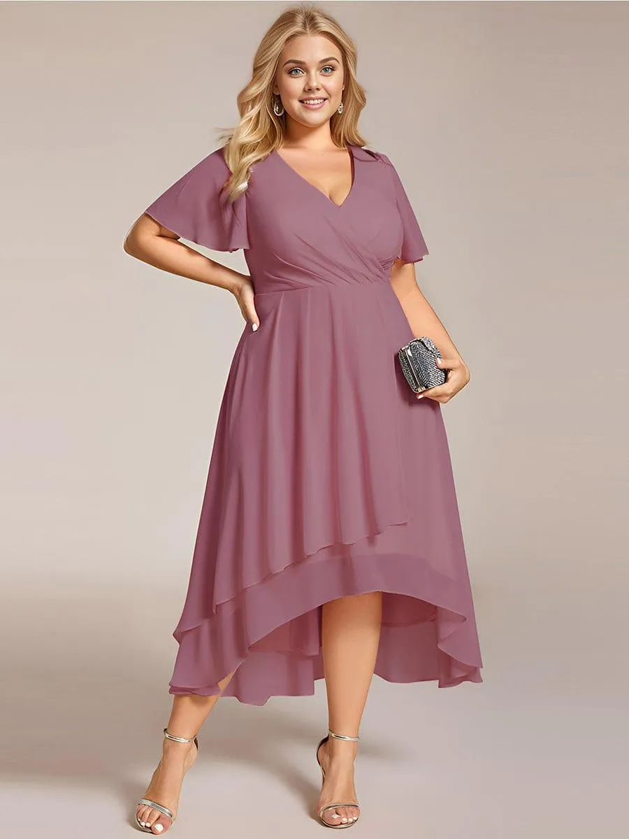 Lana | Pleated Chiffon Ruffles Sleeve Midi Evening Dress