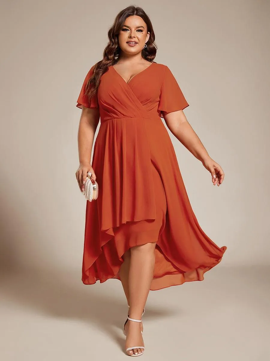 Lana | Pleated Chiffon Ruffles Sleeve Midi Evening Dress