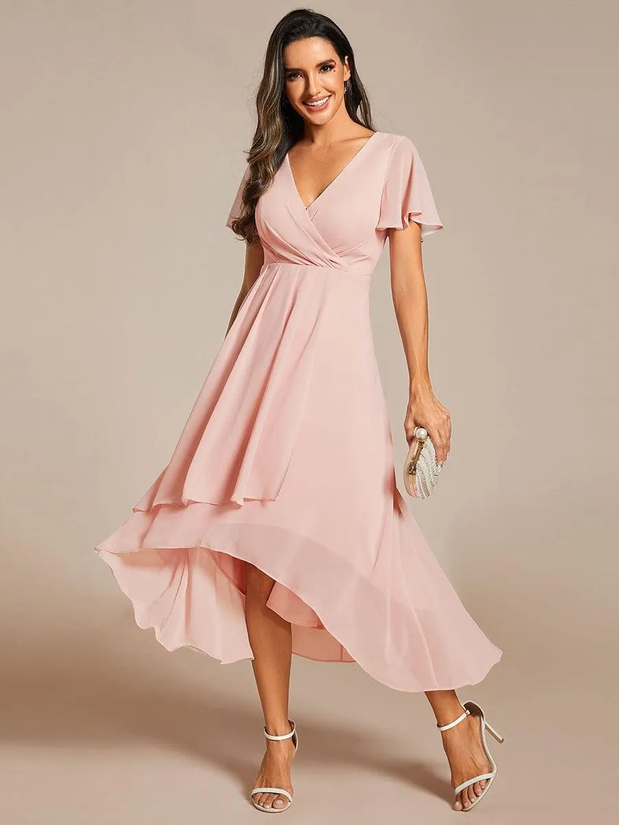 Lana | Pleated Chiffon Ruffles Sleeve Midi Evening Dress