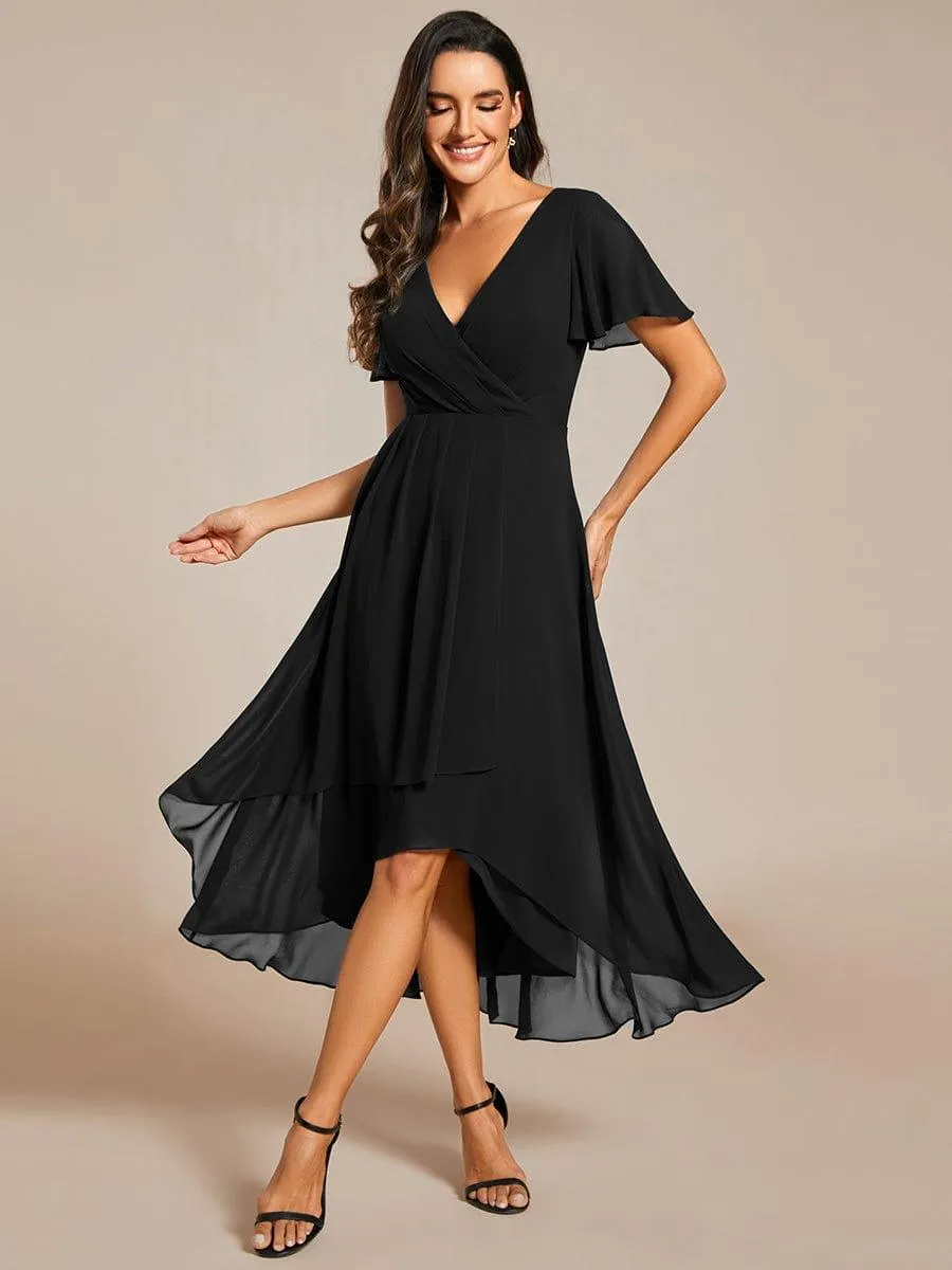 Lana | Pleated Chiffon Ruffles Sleeve Midi Evening Dress