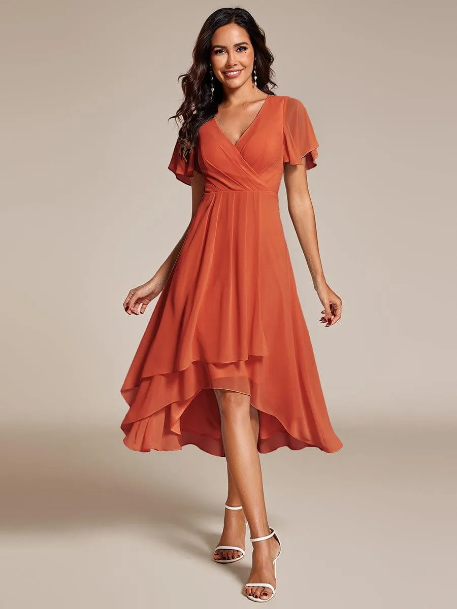 Lana | Pleated Chiffon Ruffles Sleeve Midi Evening Dress
