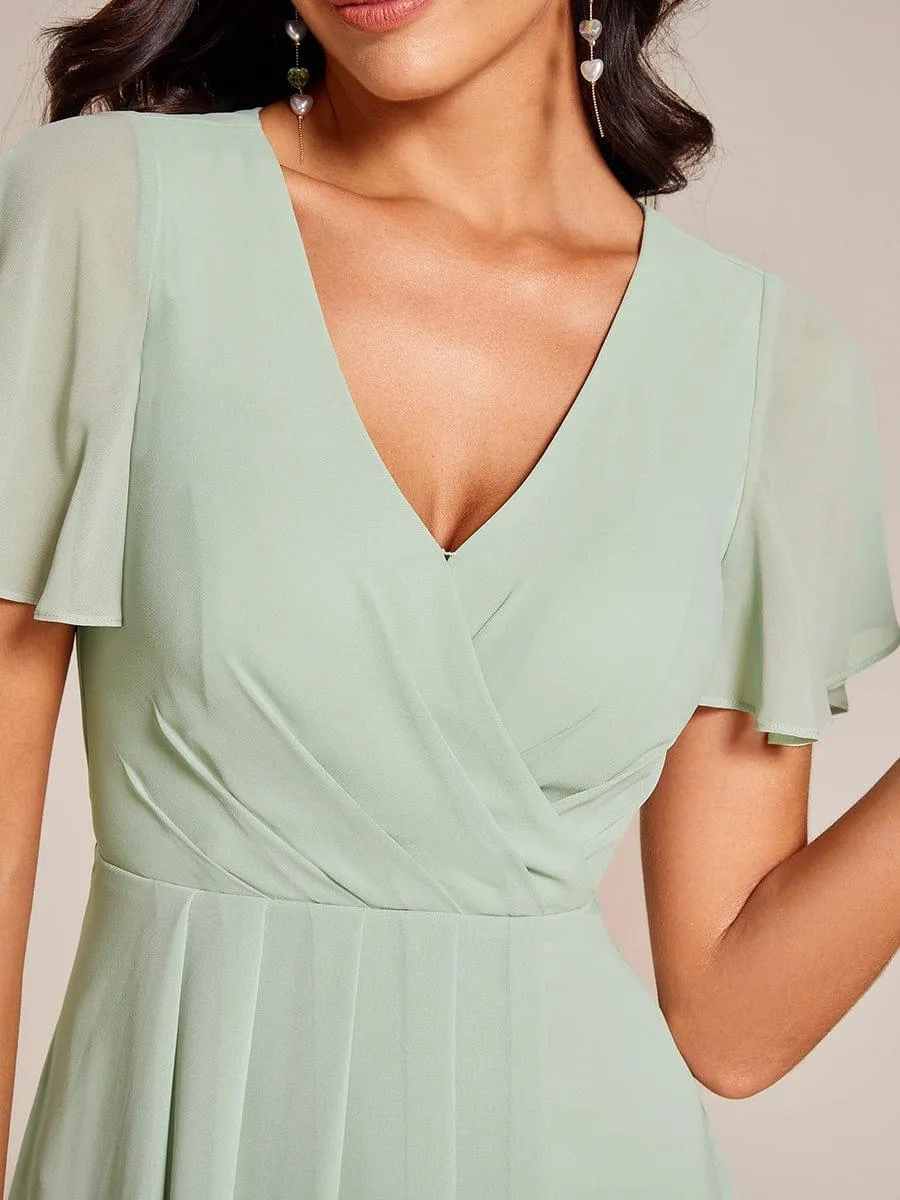 Lana | Pleated Chiffon Ruffles Sleeve Midi Evening Dress