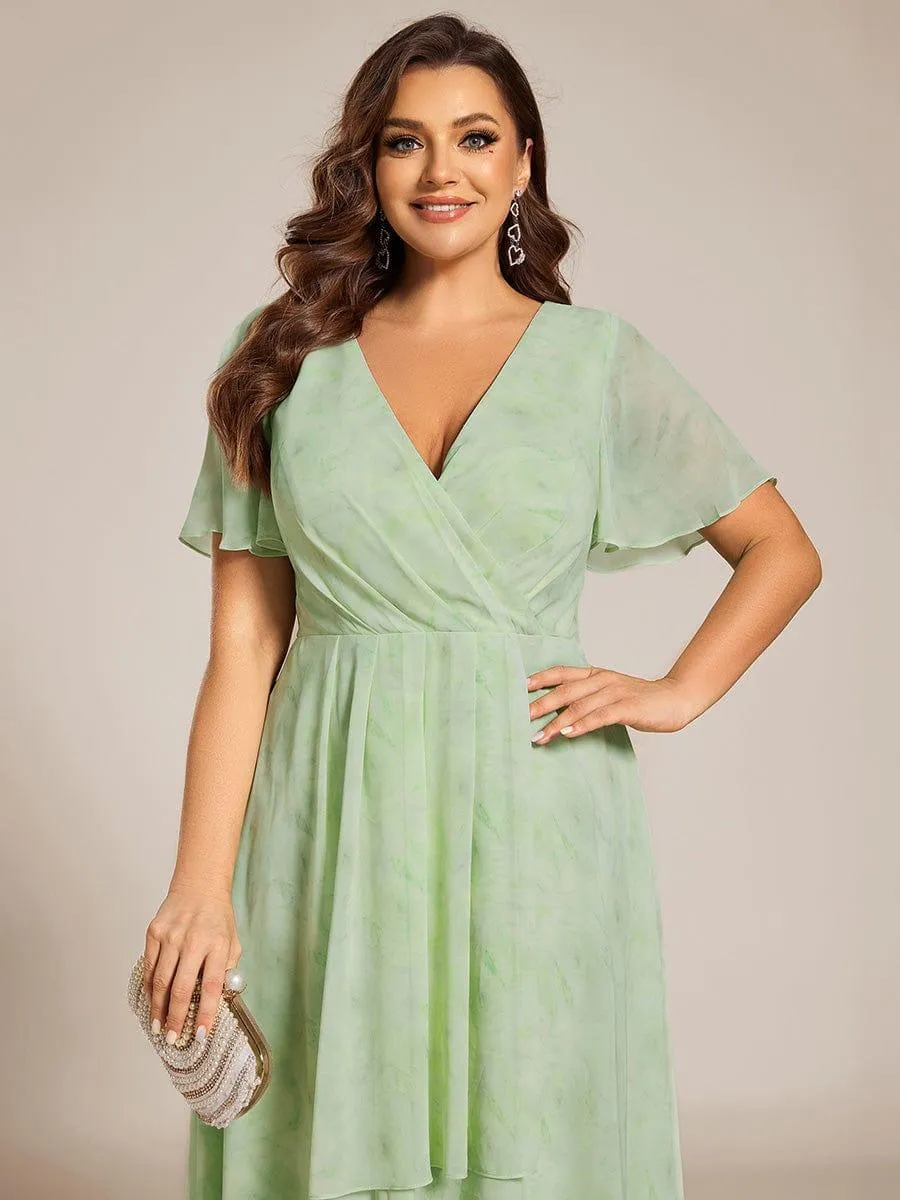 Lana | Pleated Chiffon Ruffles Sleeve Midi Evening Dress
