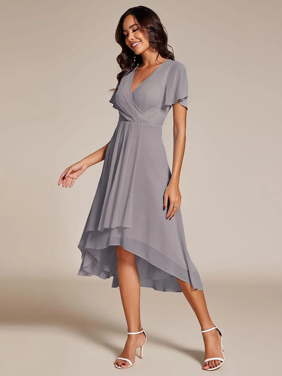 Lana | Pleated Chiffon Ruffles Sleeve Midi Evening Dress
