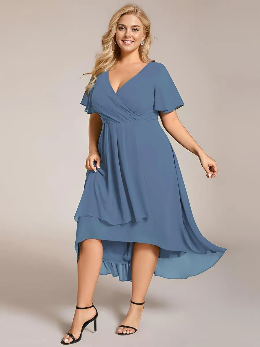 Lana | Pleated Chiffon Ruffles Sleeve Midi Evening Dress