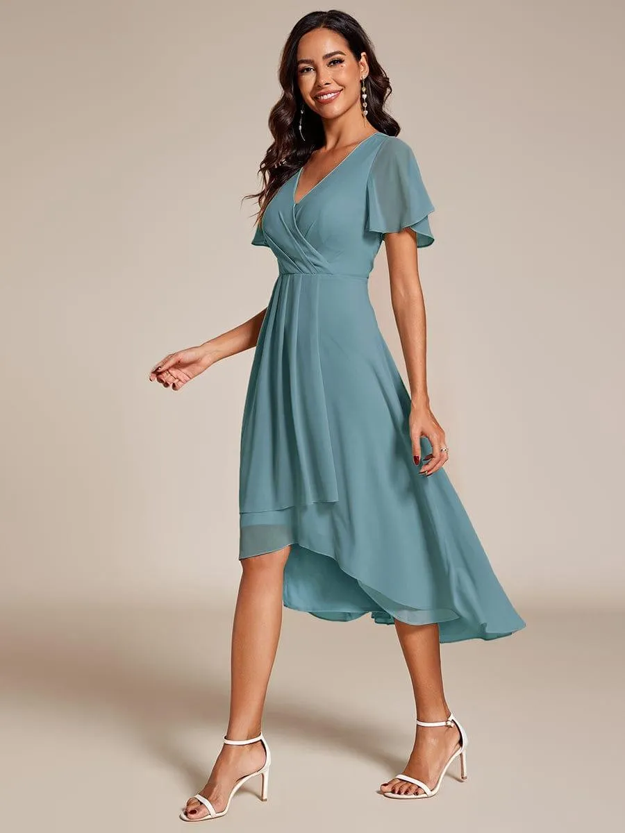 Lana | Pleated Chiffon Ruffles Sleeve Midi Evening Dress