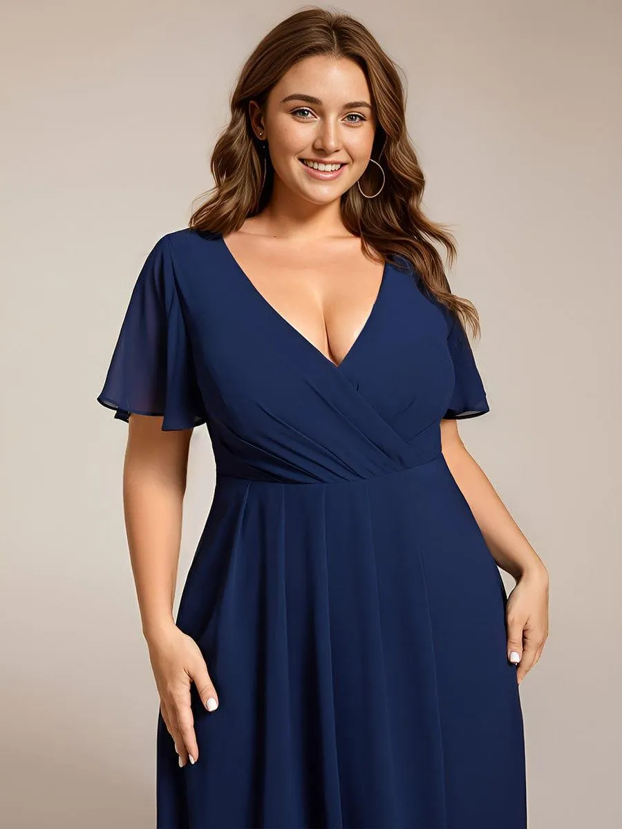 Lana | Pleated Chiffon Ruffles Sleeve Midi Evening Dress