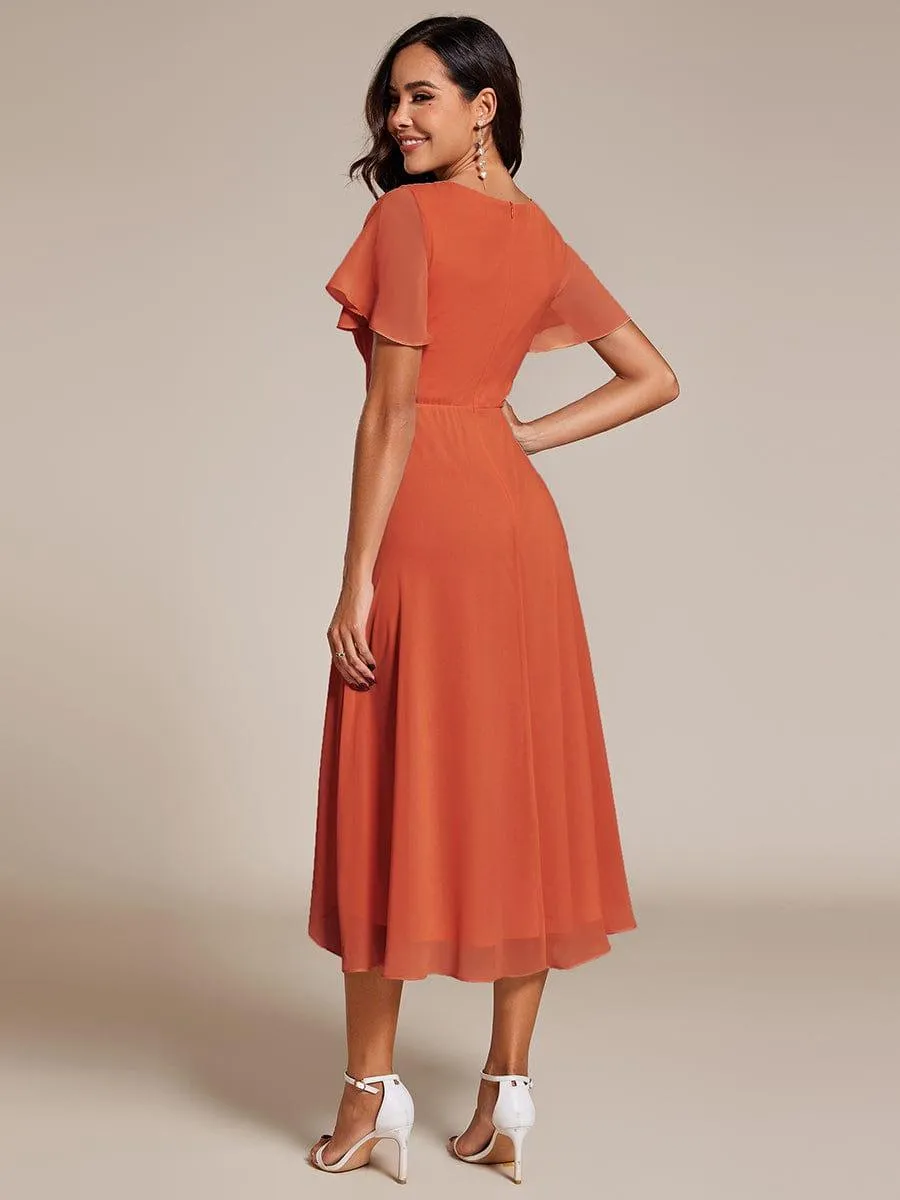 Lana | Pleated Chiffon Ruffles Sleeve Midi Evening Dress
