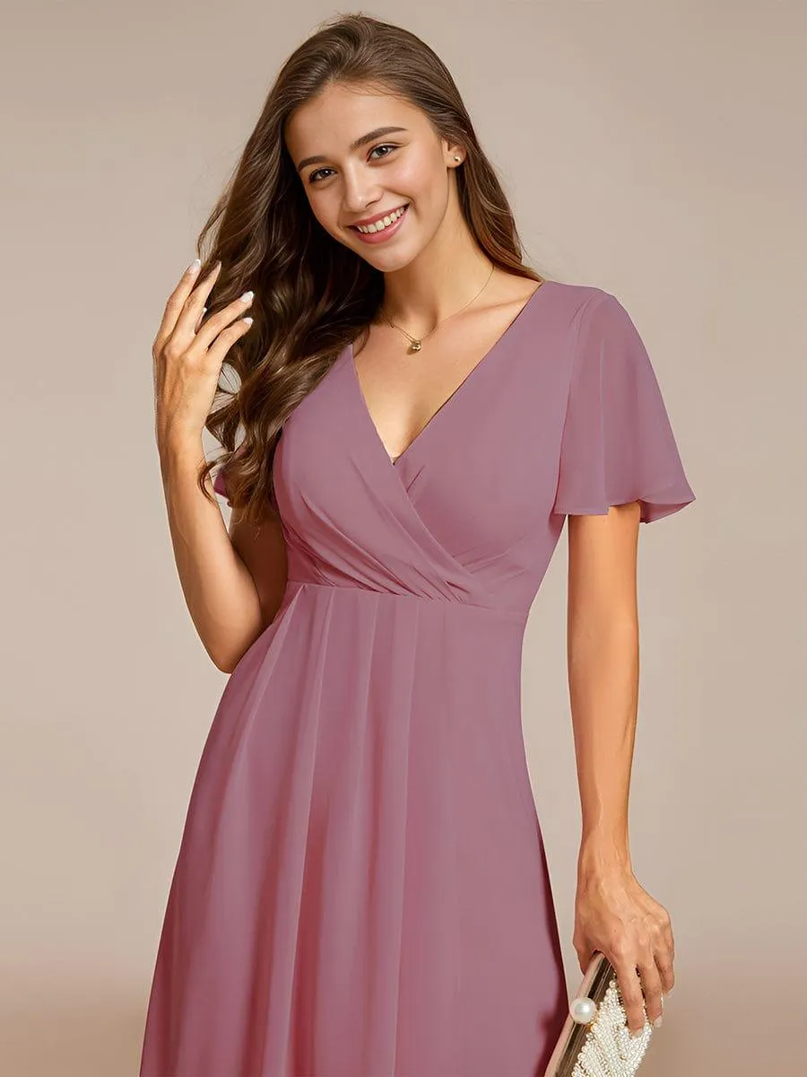 Lana | Pleated Chiffon Ruffles Sleeve Midi Evening Dress