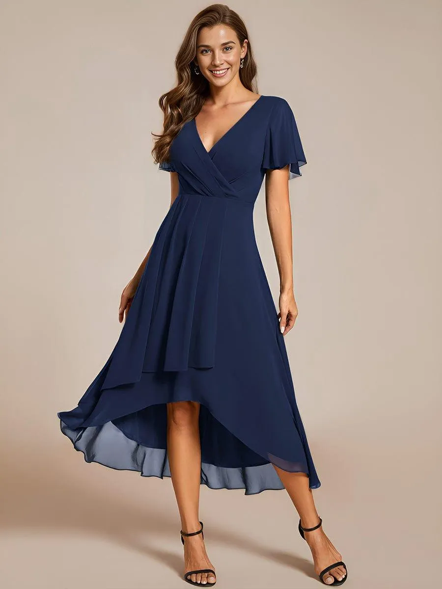 Lana | Pleated Chiffon Ruffles Sleeve Midi Evening Dress