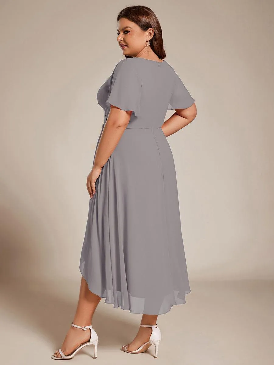 Lana | Pleated Chiffon Ruffles Sleeve Midi Evening Dress