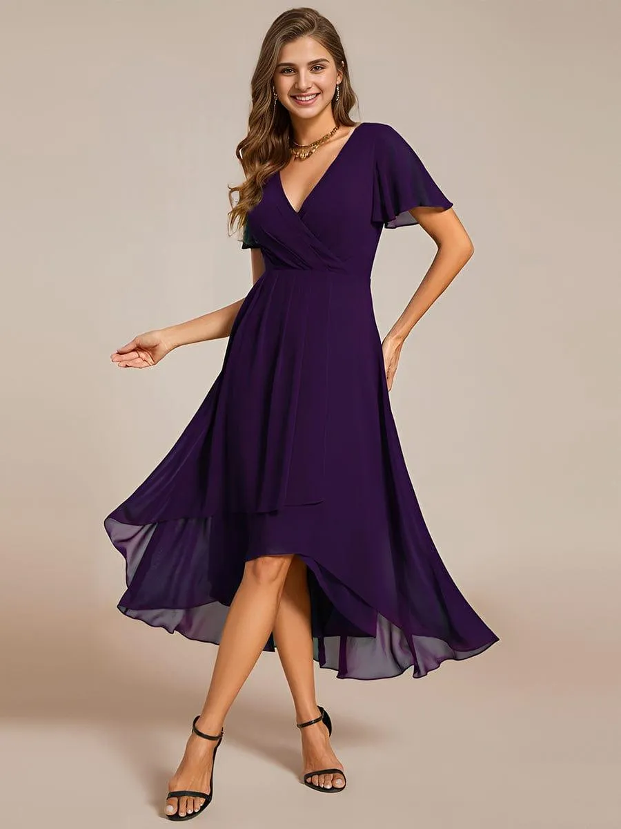 Lana | Pleated Chiffon Ruffles Sleeve Midi Evening Dress