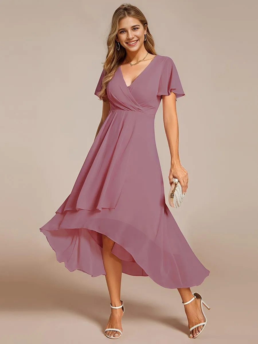 Lana | Pleated Chiffon Ruffles Sleeve Midi Evening Dress