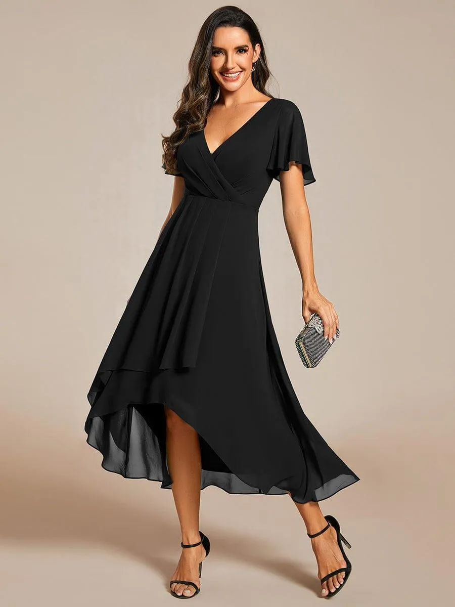 Lana | Pleated Chiffon Ruffles Sleeve Midi Evening Dress