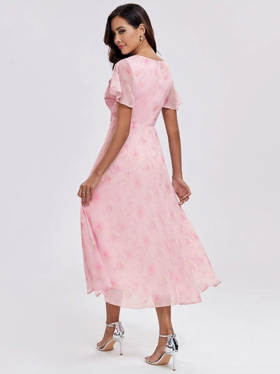 Lana | Pleated Chiffon Ruffles Sleeve Midi Evening Dress