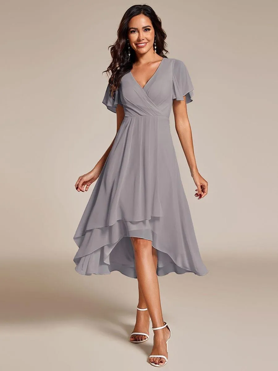 Lana | Pleated Chiffon Ruffles Sleeve Midi Evening Dress