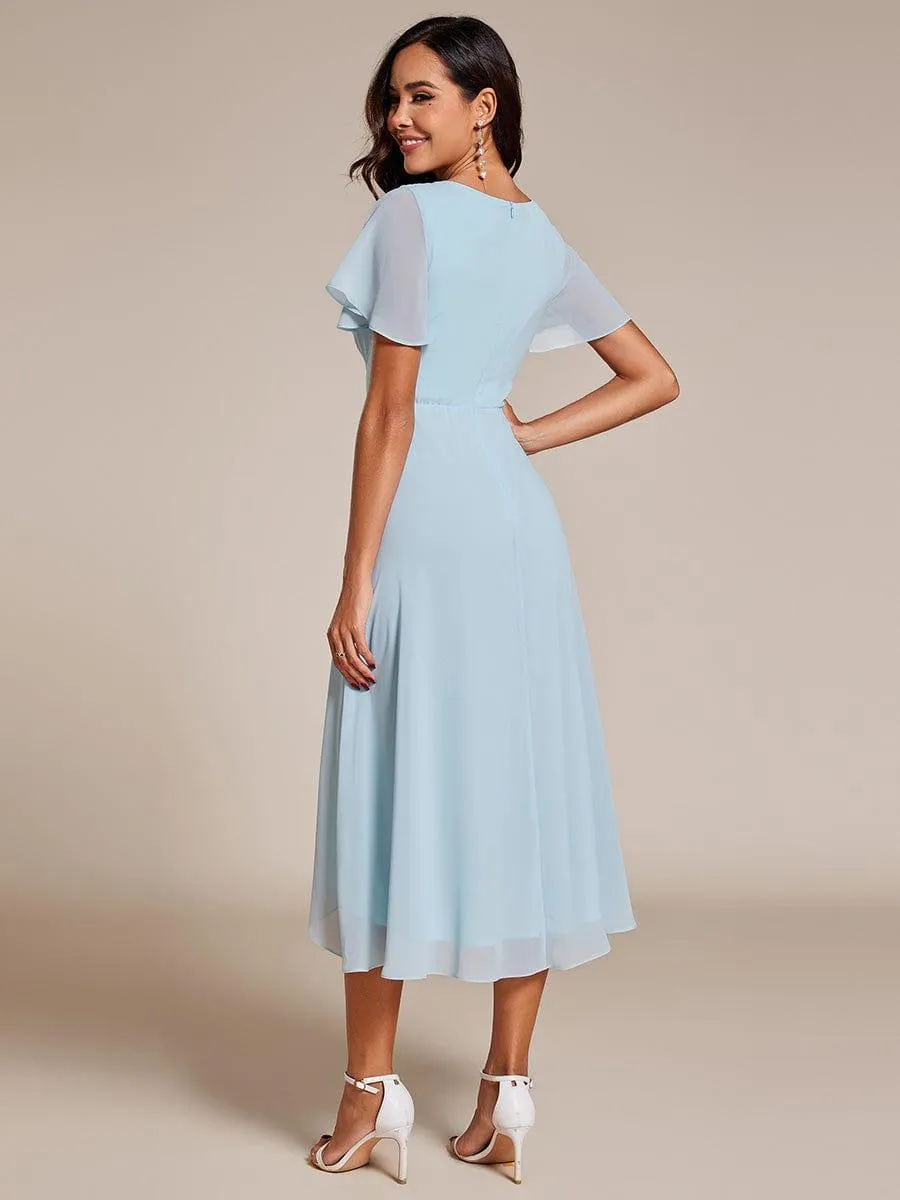 Lana | Pleated Chiffon Ruffles Sleeve Midi Evening Dress