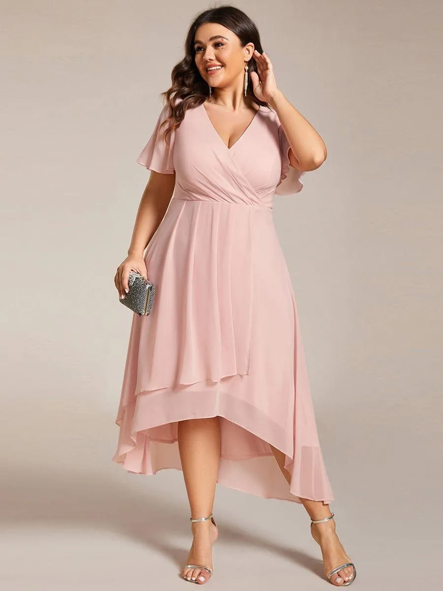 Lana | Pleated Chiffon Ruffles Sleeve Midi Evening Dress