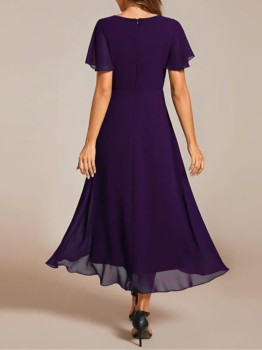 Lana | Pleated Chiffon Ruffles Sleeve Midi Evening Dress
