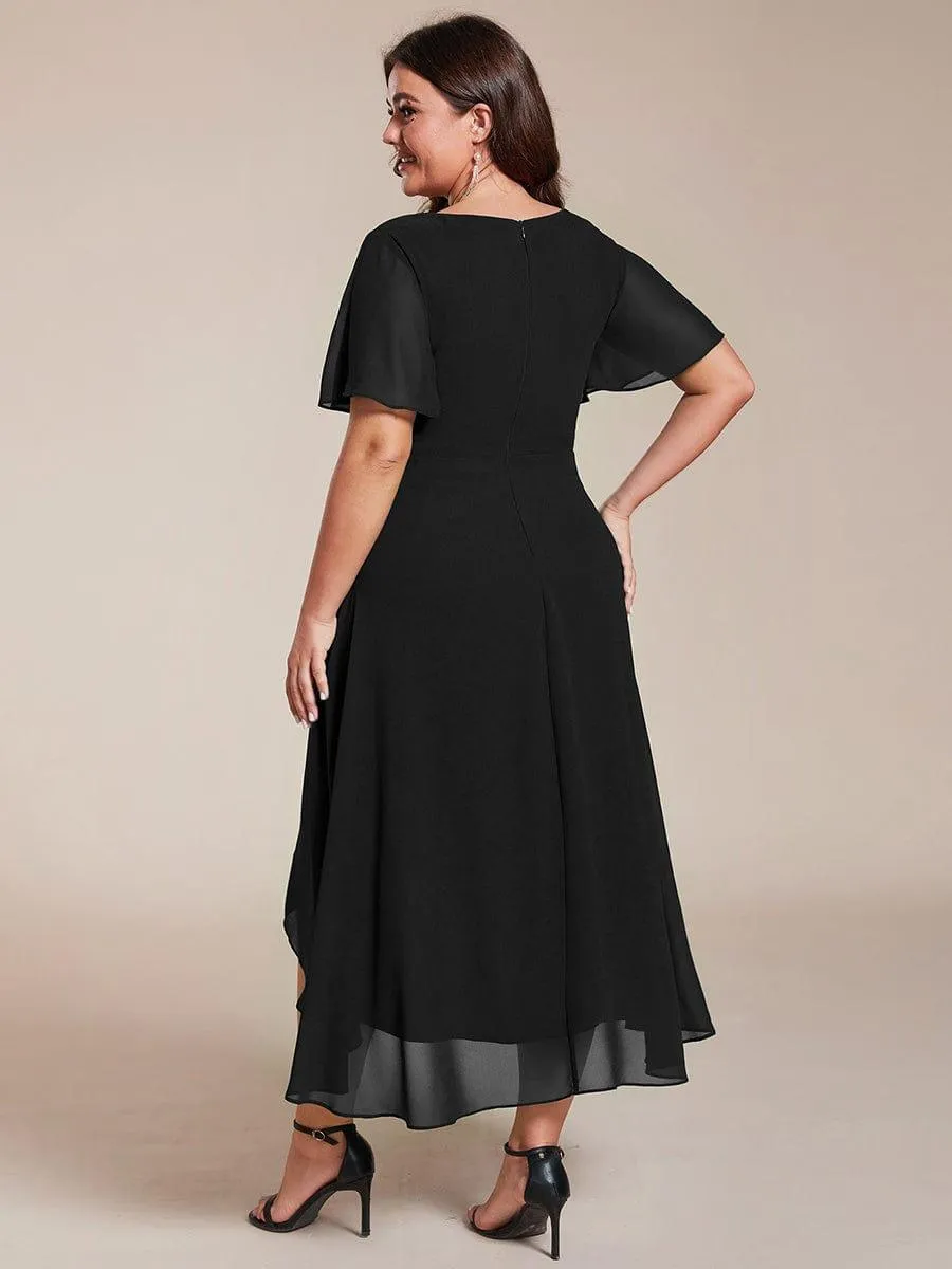 Lana | Pleated Chiffon Ruffles Sleeve Midi Evening Dress