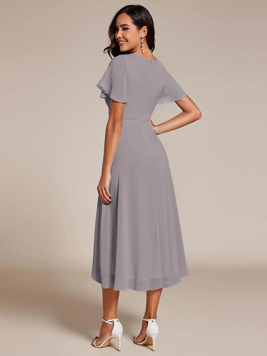 Lana | Pleated Chiffon Ruffles Sleeve Midi Evening Dress