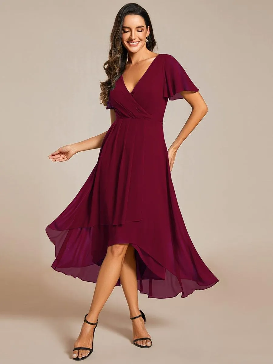 Lana | Pleated Chiffon Ruffles Sleeve Midi Evening Dress