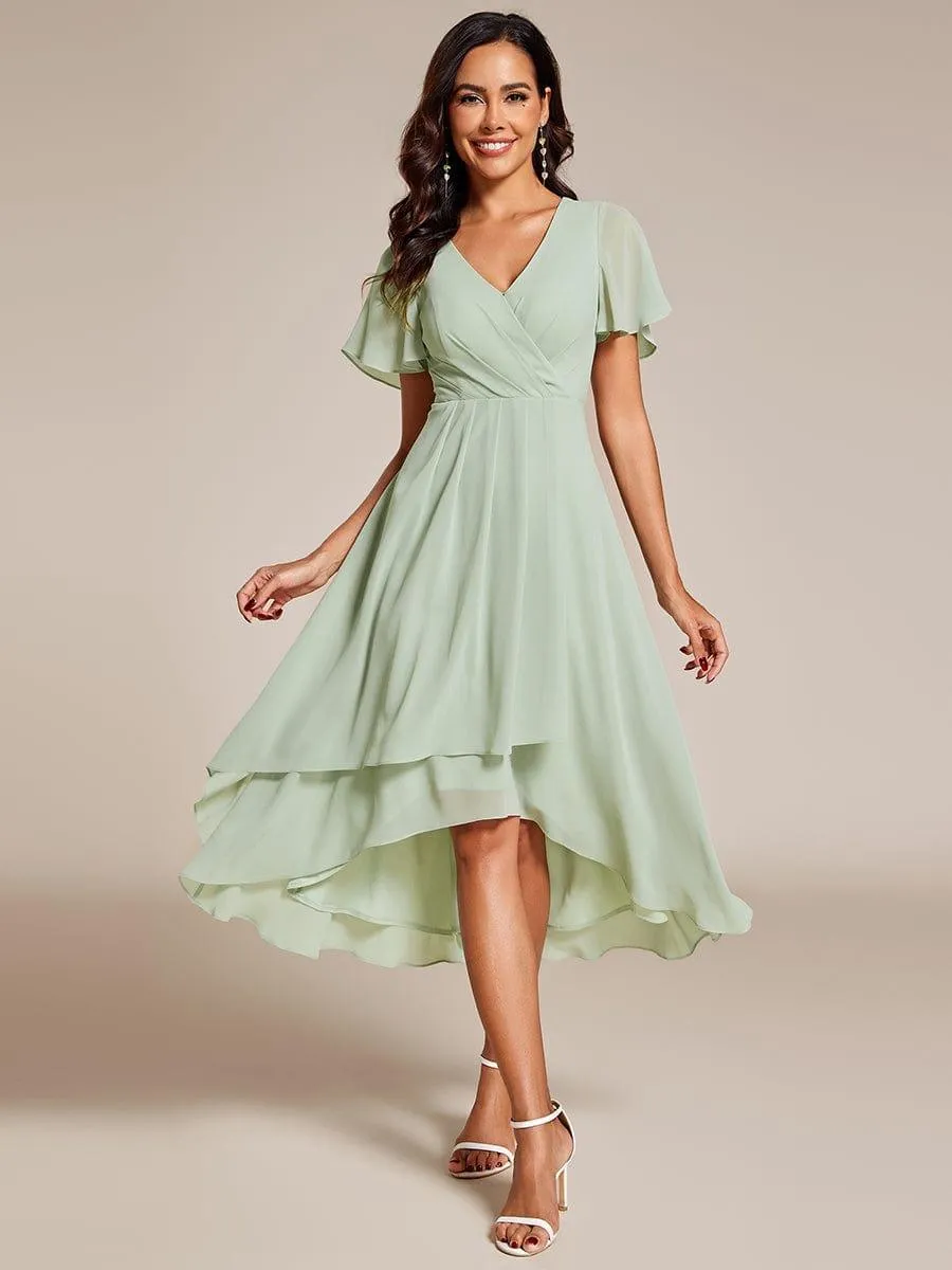 Lana | Pleated Chiffon Ruffles Sleeve Midi Evening Dress