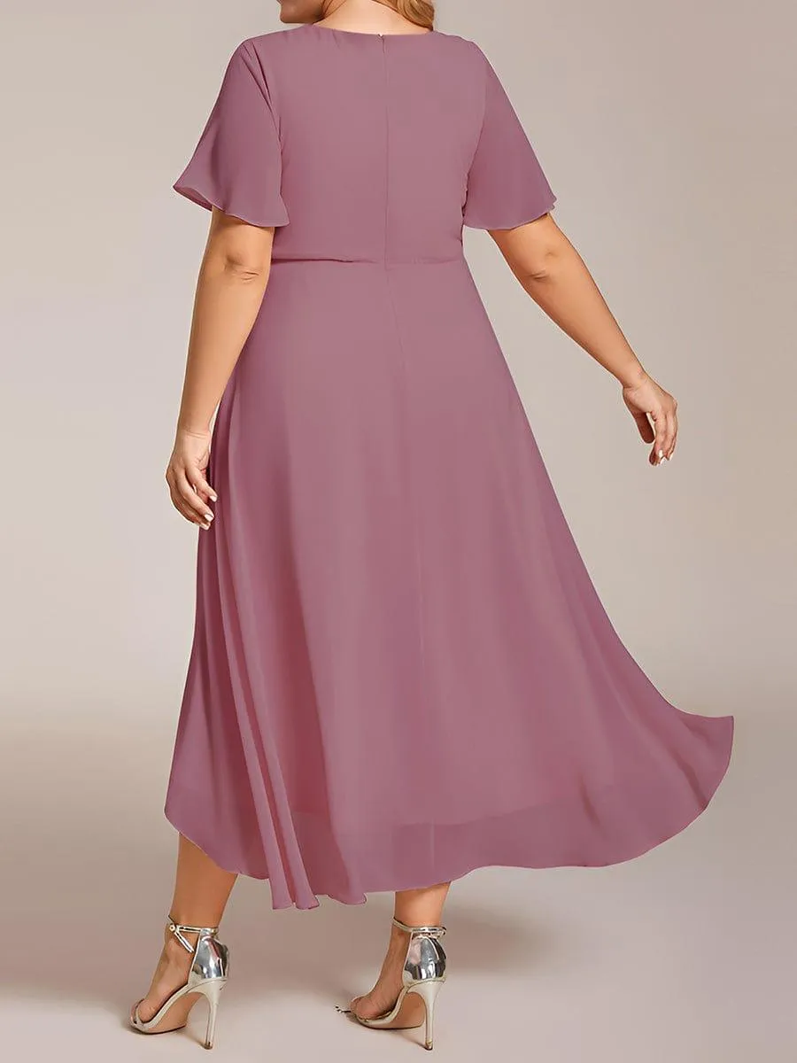 Lana | Pleated Chiffon Ruffles Sleeve Midi Evening Dress