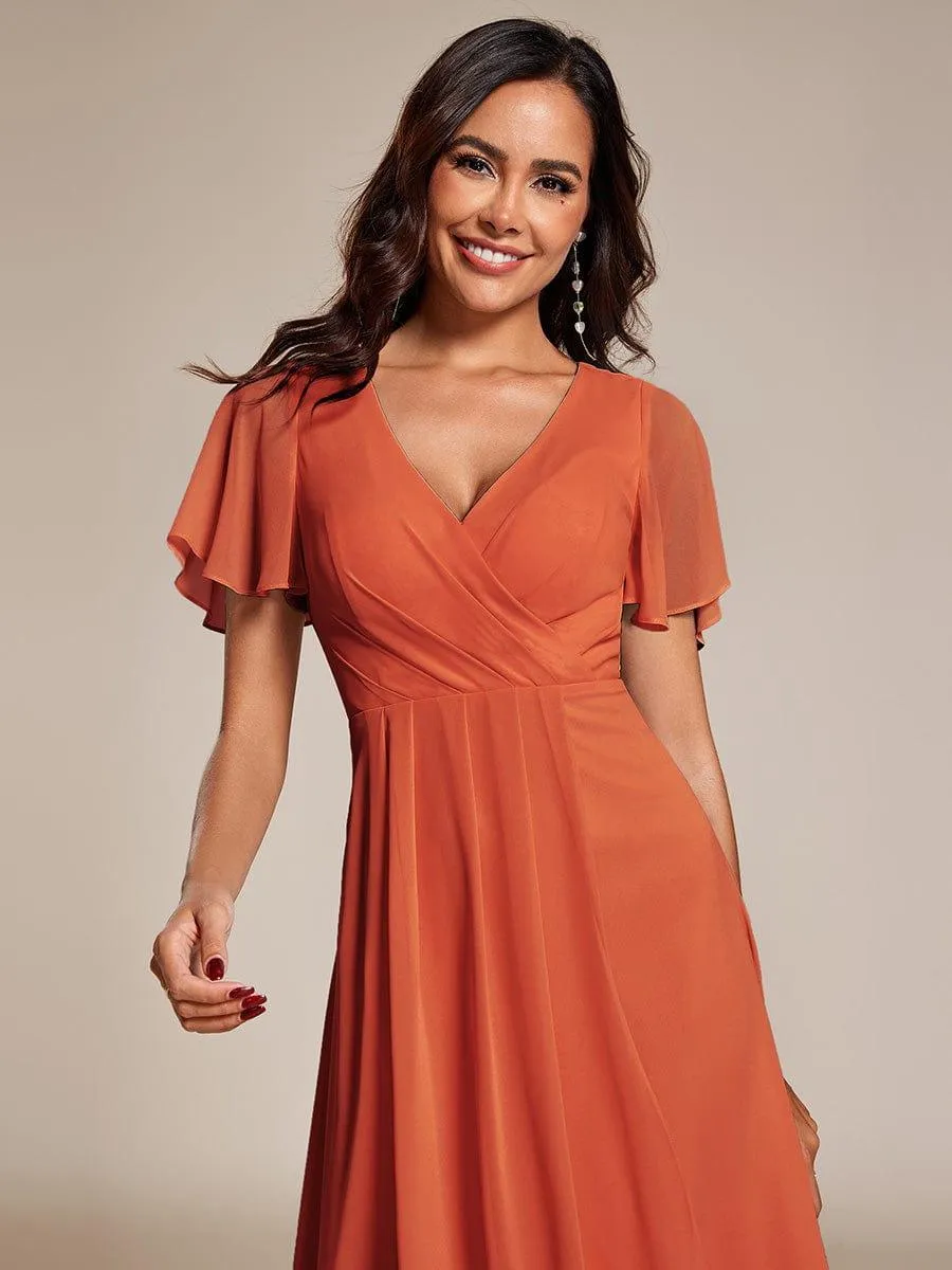 Lana | Pleated Chiffon Ruffles Sleeve Midi Evening Dress
