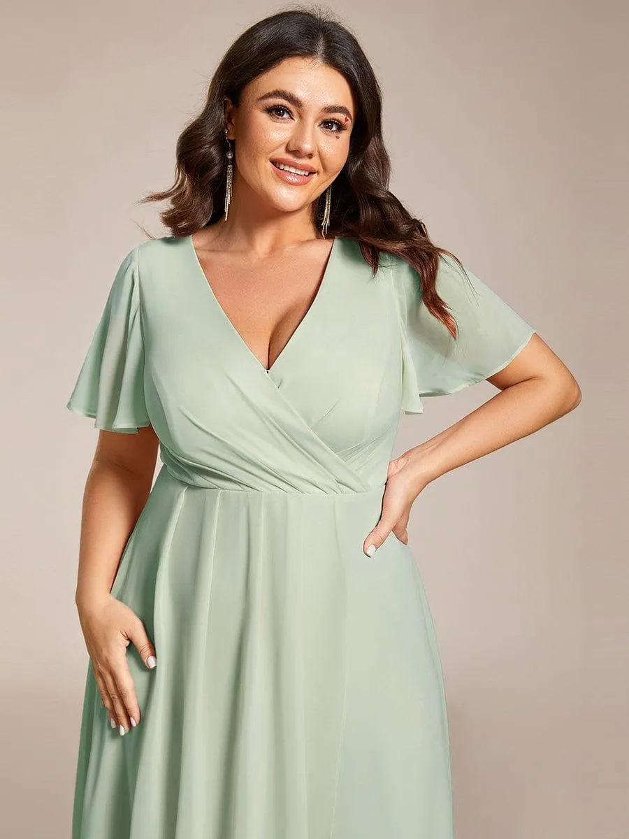 Lana | Pleated Chiffon Ruffles Sleeve Midi Evening Dress