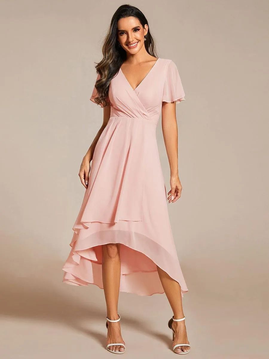 Lana | Pleated Chiffon Ruffles Sleeve Midi Evening Dress