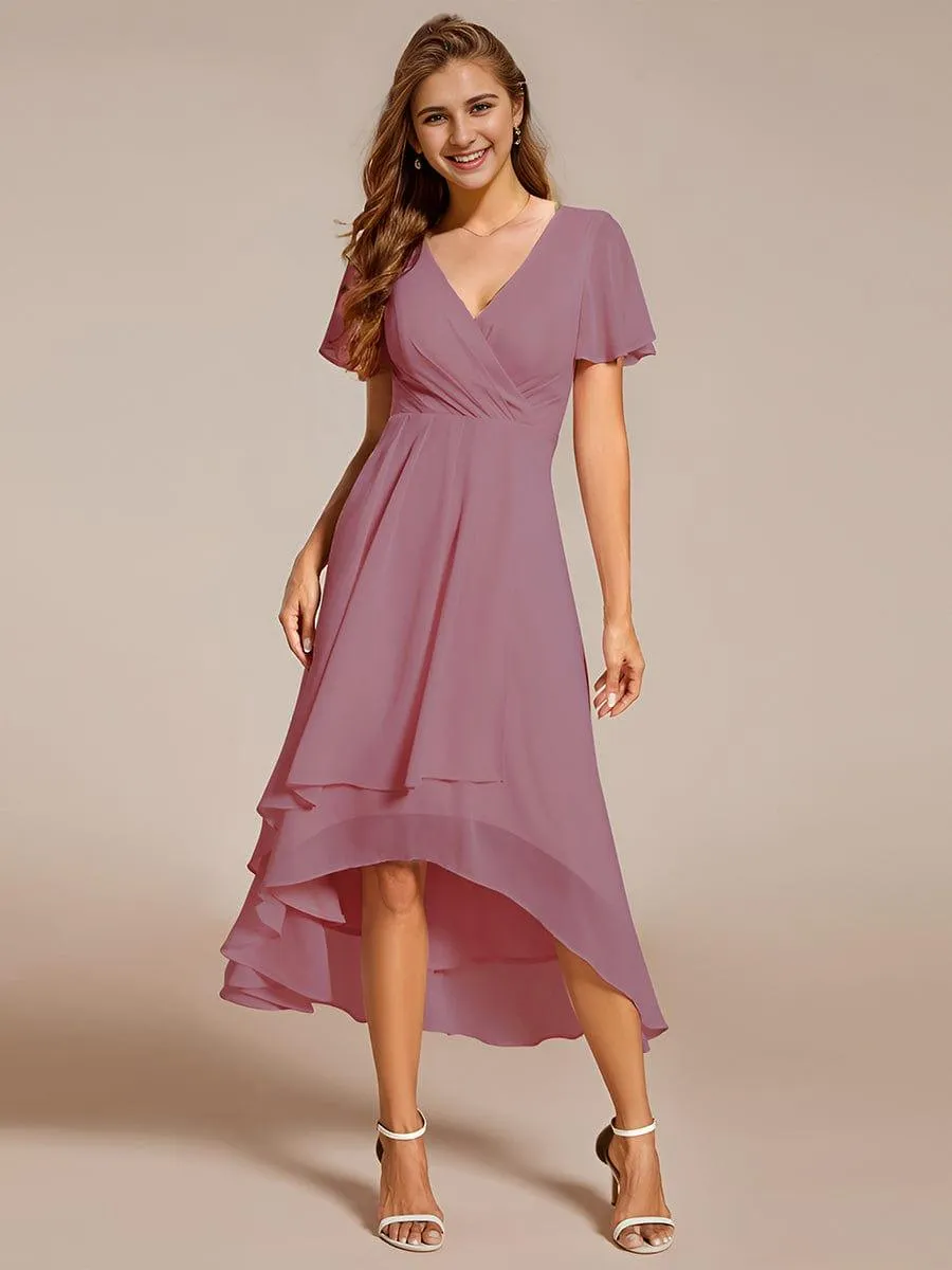 Lana | Pleated Chiffon Ruffles Sleeve Midi Evening Dress