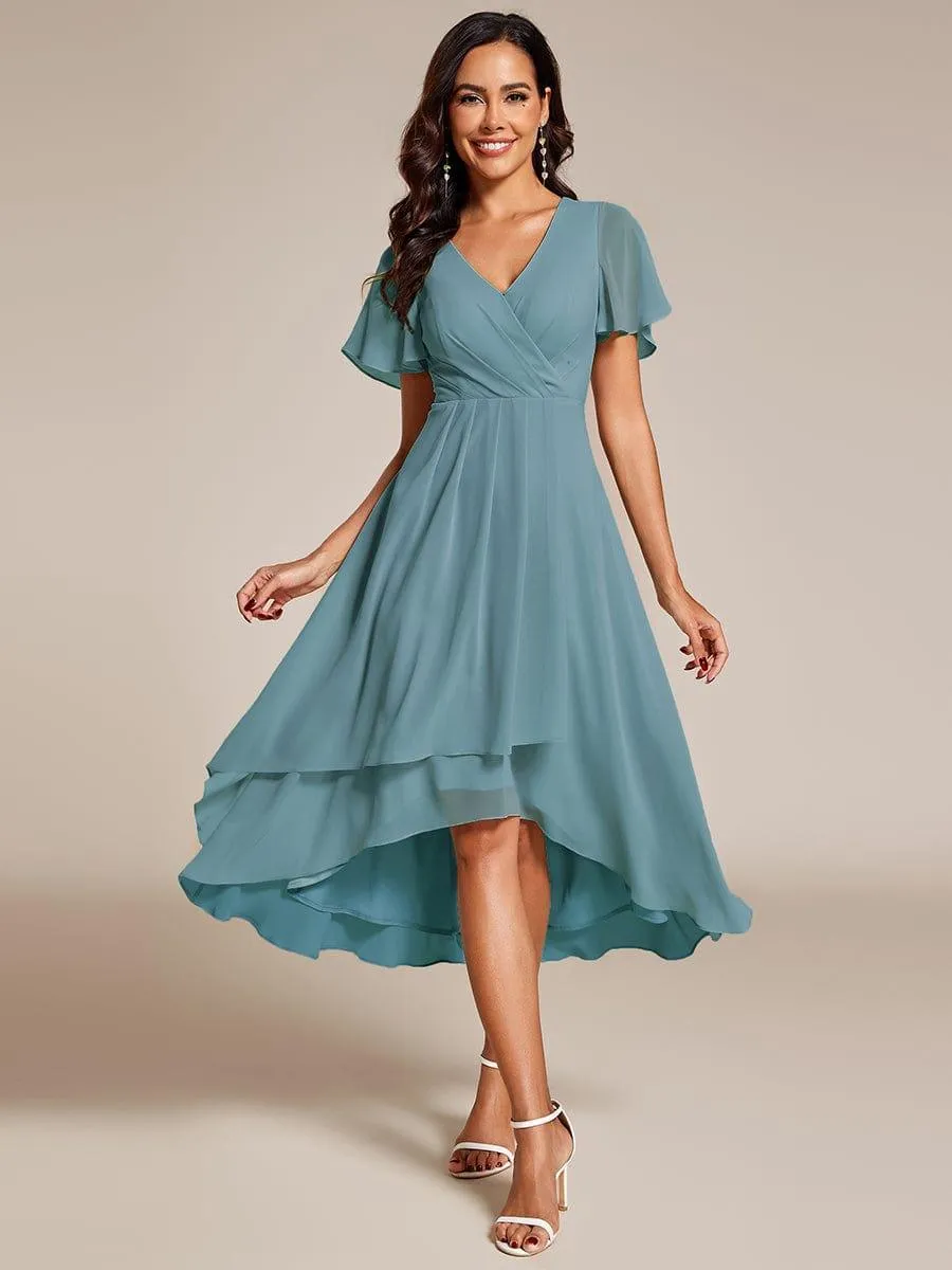 Lana | Pleated Chiffon Ruffles Sleeve Midi Evening Dress