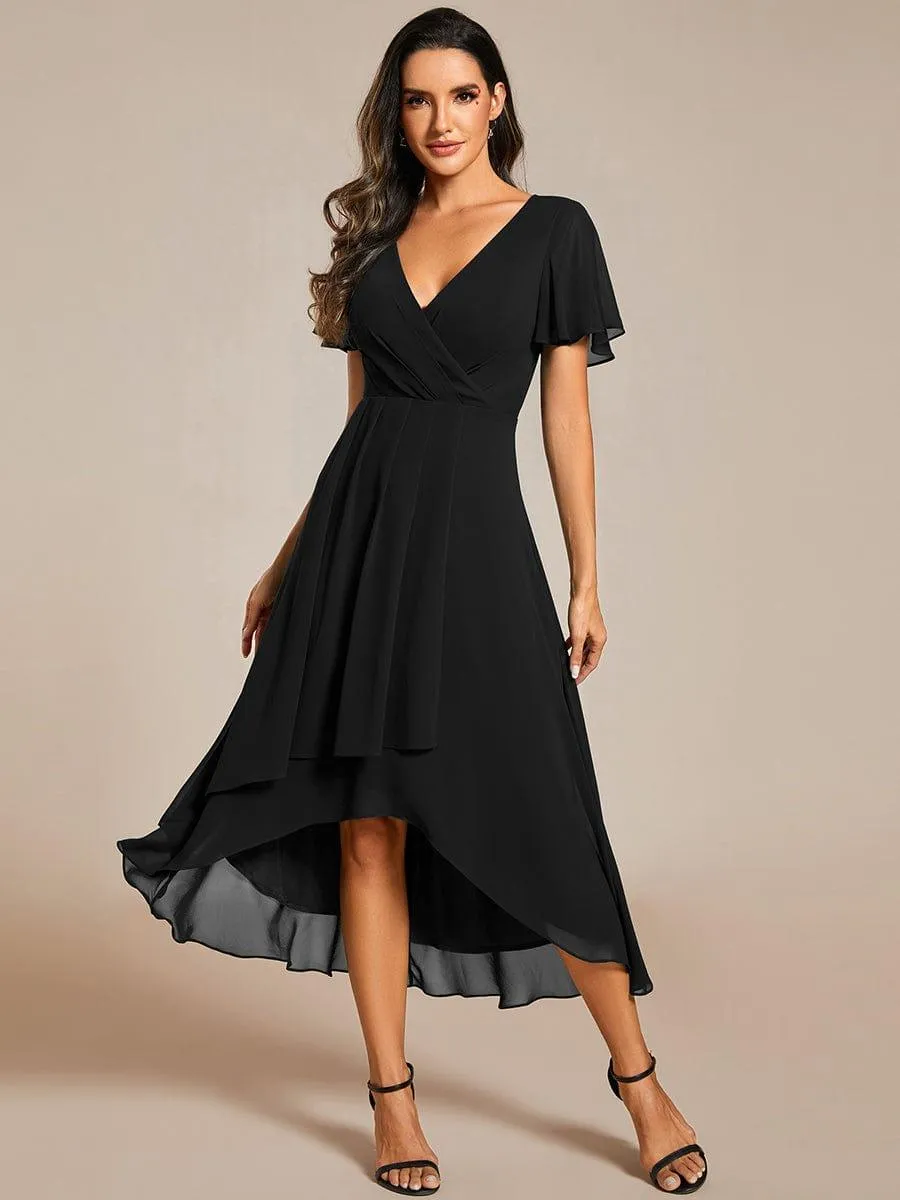 Lana | Pleated Chiffon Ruffles Sleeve Midi Evening Dress