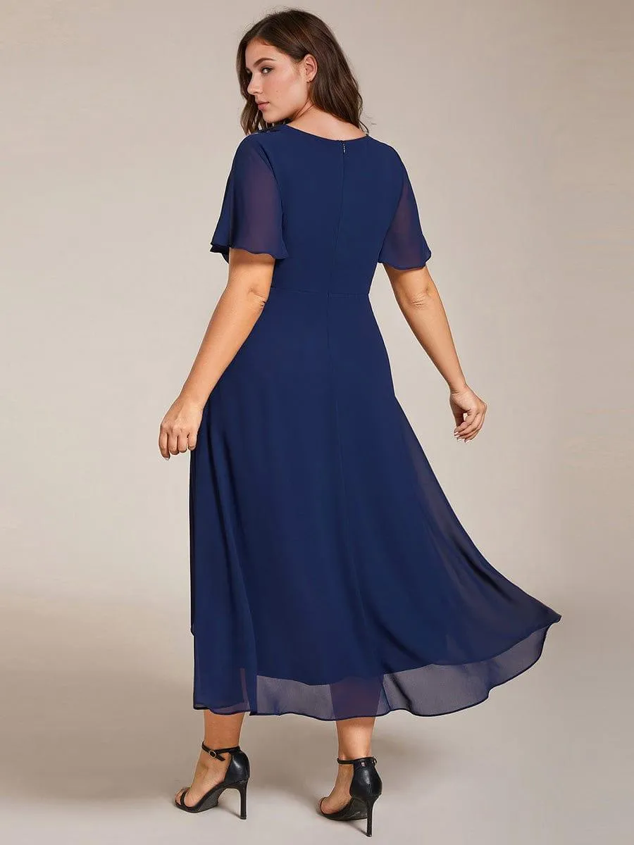 Lana | Pleated Chiffon Ruffles Sleeve Midi Evening Dress